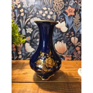 Bavarian Lindner Keups Etched Cobalt Blue Porcelain Vase Gilded Floral Accents